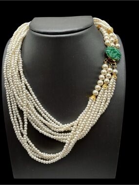 Vintage Marvella Multi Strand Faux Pearl Necklace Czech Glass Clasp